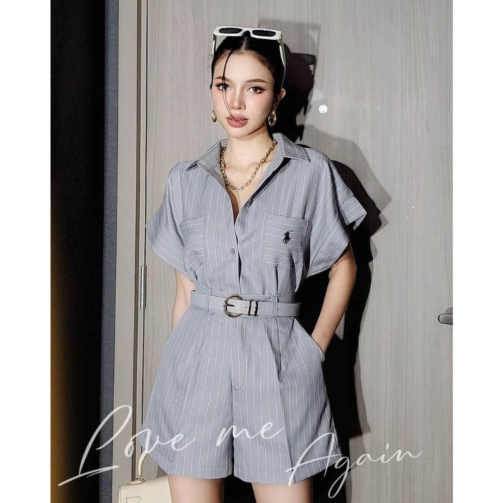 BKK Short Sleeve Striped Shirt & Shorts w/ Belt