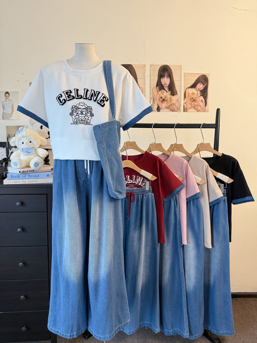 CL Top & Denim Pants Set w/ tote