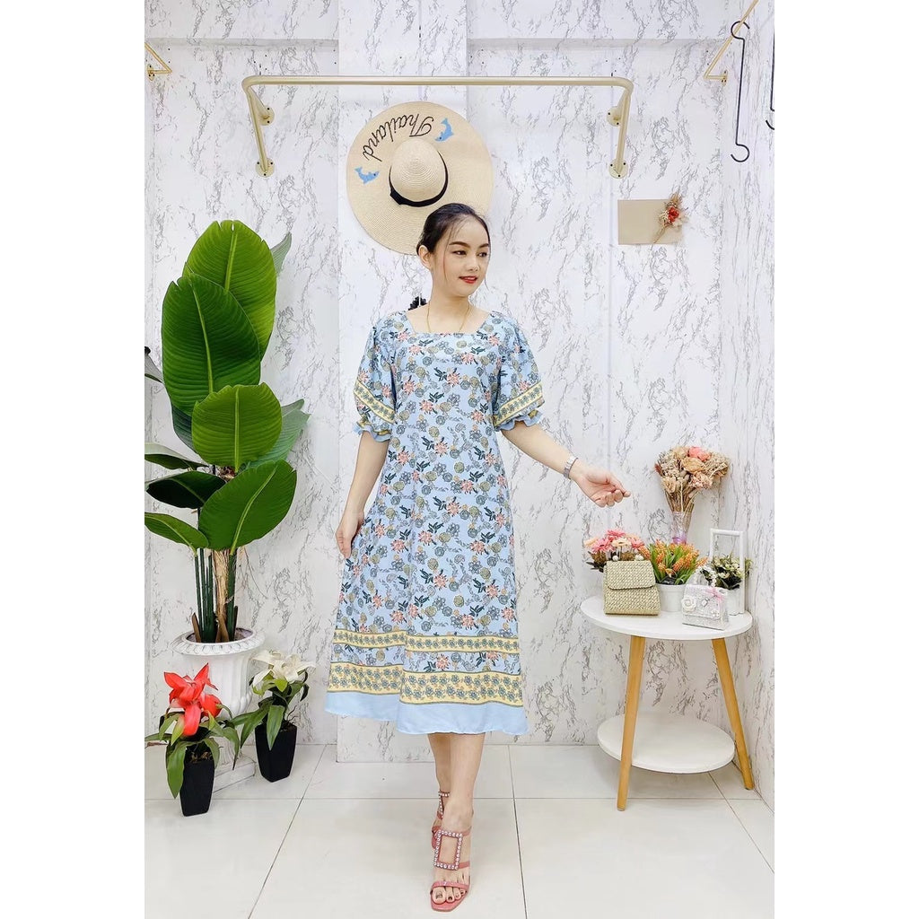 Summer Floral Square Neck Puff Sleeve Elegant Long Dress For Women 3058