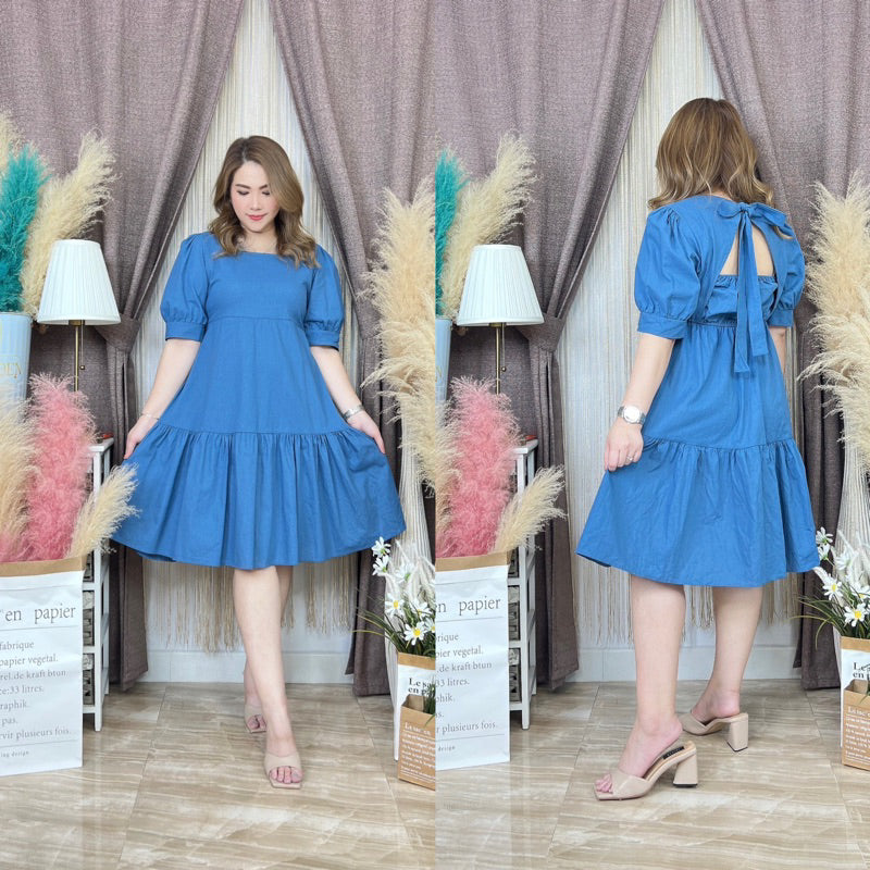 BKK Square Neck Ribbon Back Puff Sleeve Midi Dress