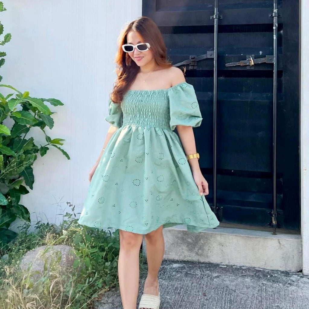 Aaliyah Puff Sleeve Eyelet Smocking Dress