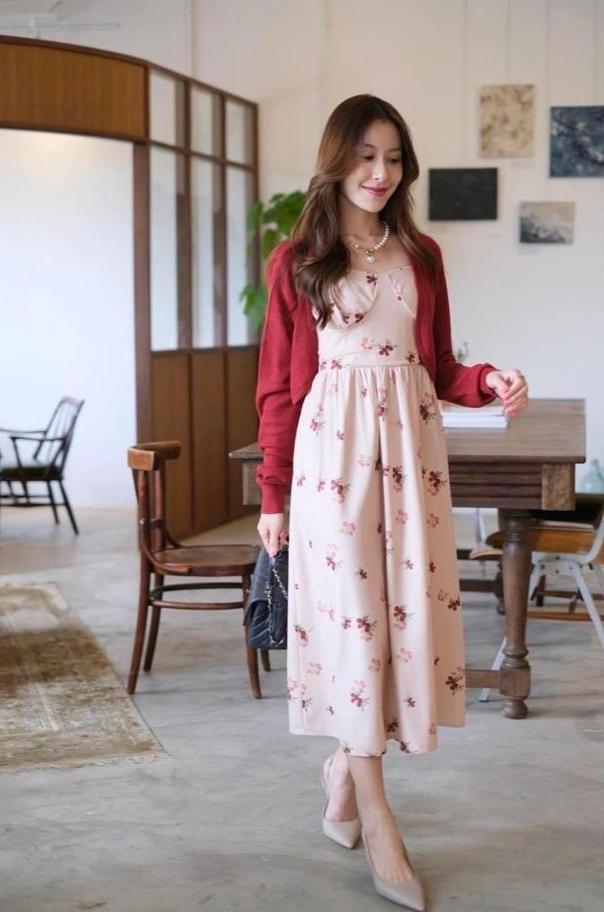 Cardigan & Floral Midi Dress Set