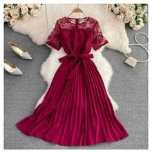 Load image into Gallery viewer, Lace Pleated Belted Elegant Dress
