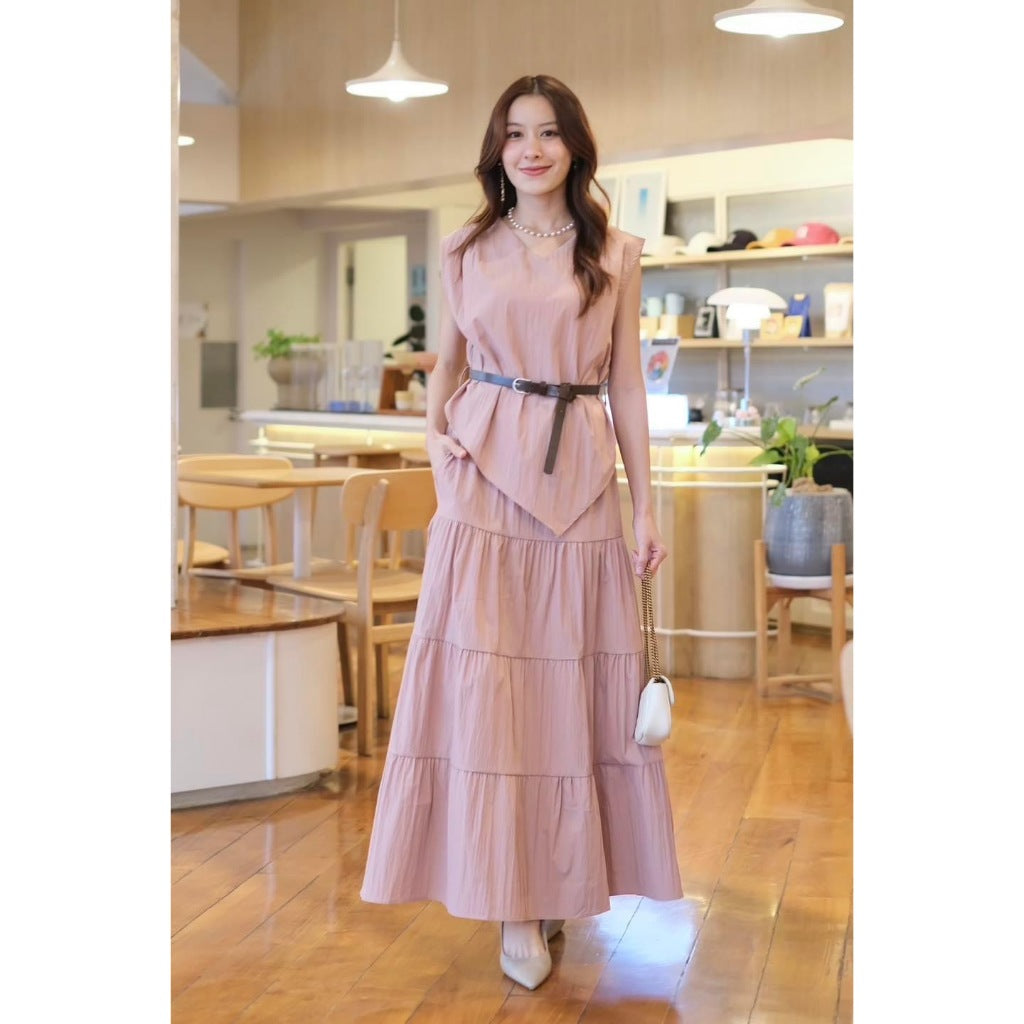 BKK Plain Top & Long Skirt Set w/ Belt #3344