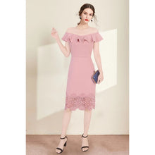 Load image into Gallery viewer, Off Shoulder Ruffle Elegant Lace Pencil Cut Dress
