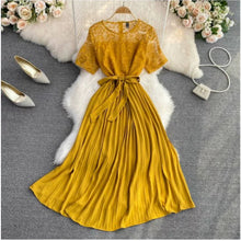 Load image into Gallery viewer, Lace Pleated Belted Elegant Dress
