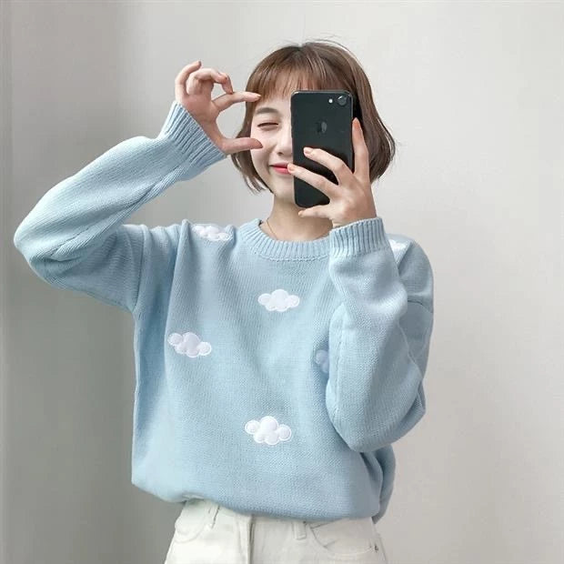 Cloud Pattern Long Sleeve Knitted Top #M1178