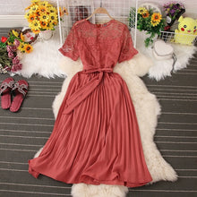 Load image into Gallery viewer, Lace Pleated Belted Elegant Dress
