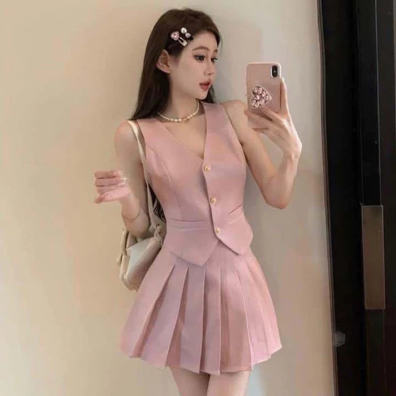 Sleeveless Terno Pleated Mini Skirt #7967