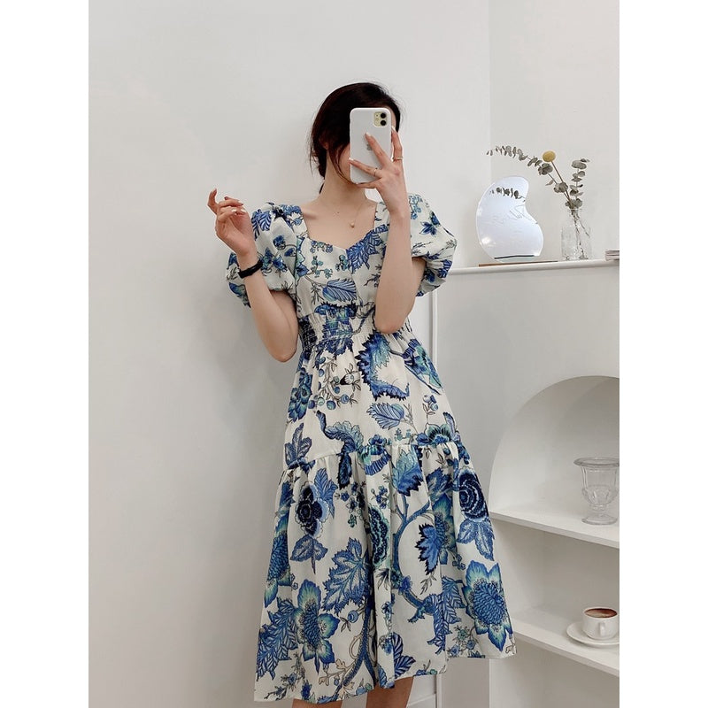 Floral Puff Sleeve Square Neckline Dress #DL108